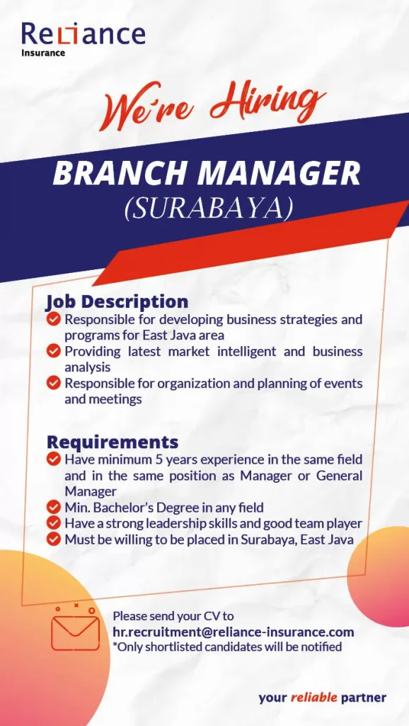Surabaya Branch Manager - PT Asuransi Reliance Indonesia - 22 November 2022